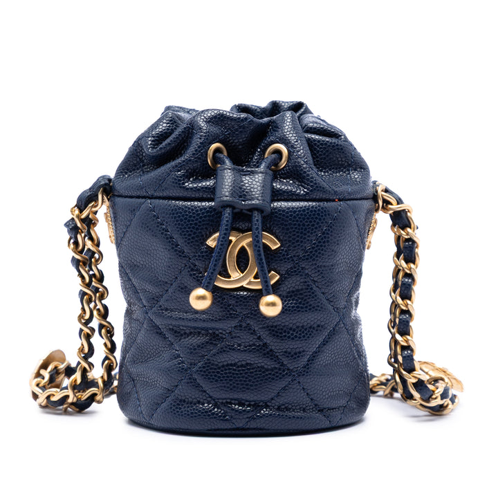 Chanel Mini Matelassé Caviar Medallion Charms Drawstring Bucket Sac