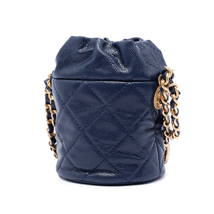 Chanel Mini Matelassé Caviar Medallion Charms Drawstring Bucket Sac