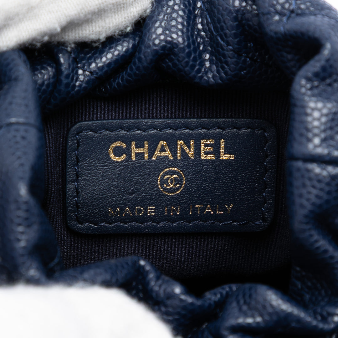 Chanel Mini Matelassé Caviar Medallion Charms Drawstring Bucket Sac