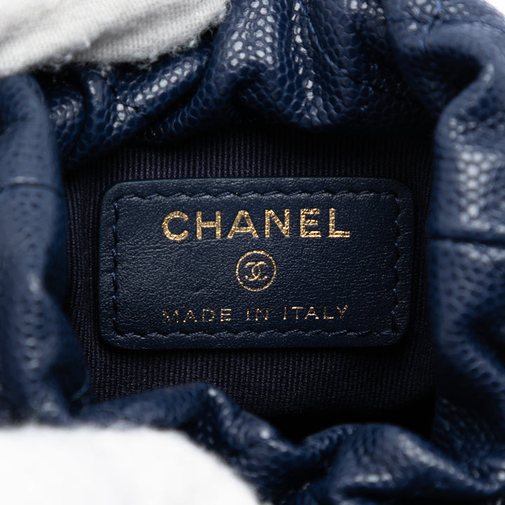 Chanel Mini Matelassé Caviar Medallion Charms Drawstring Bucket Sac