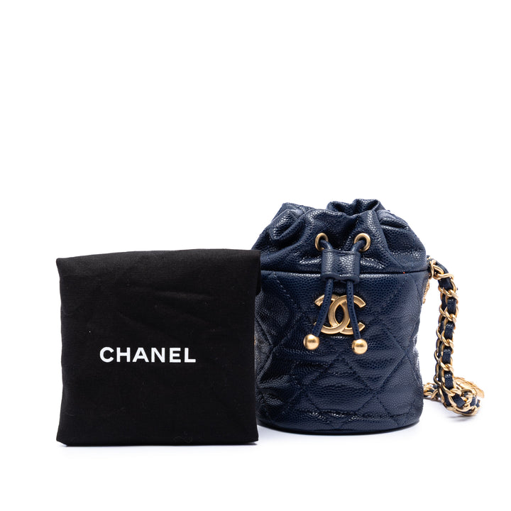 Chanel Mini Matelassé Caviar Medallion Charms Drawstring Bucket Sac