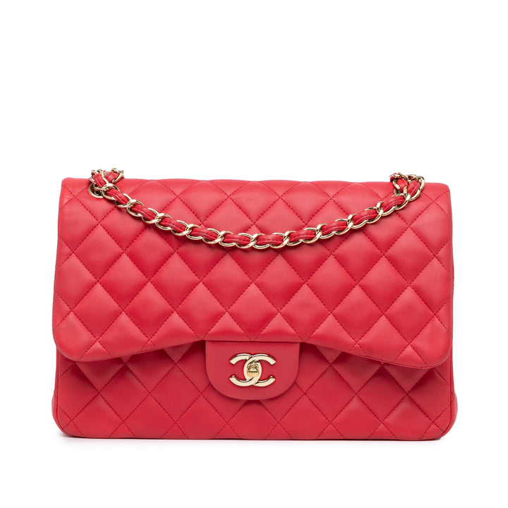 Jumbo Classic Lambskin Double Flap Red - Gaby Paris