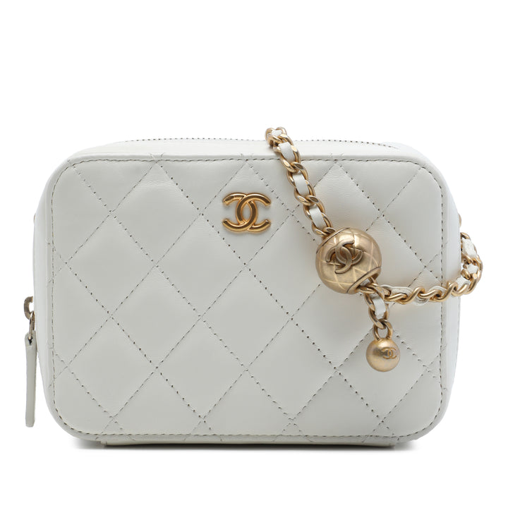 CC Matelassé Perle Crush Sac caméra Cuir d'agneau Blanc