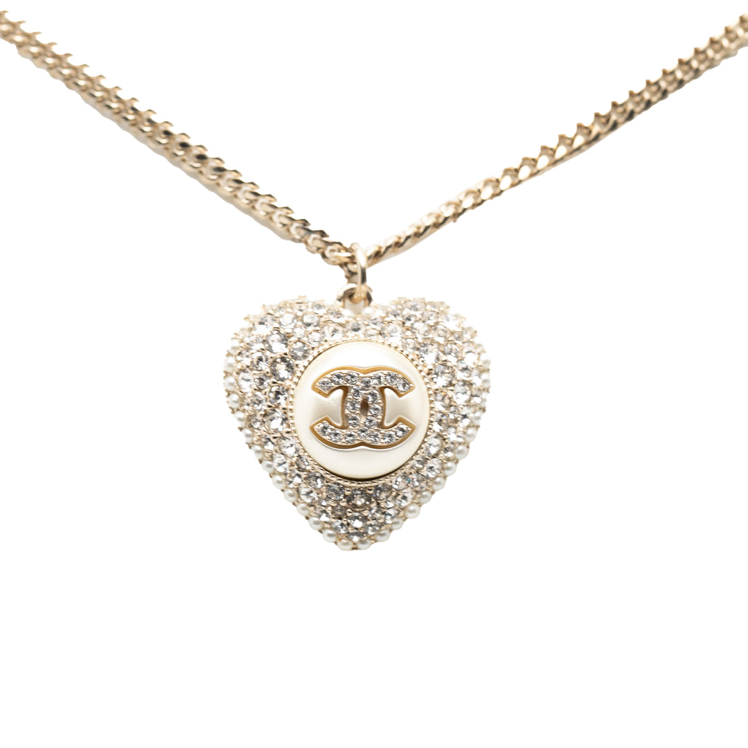 Chanel plaqué CC Perles fantaisie Cristal Heart Pendant Collier