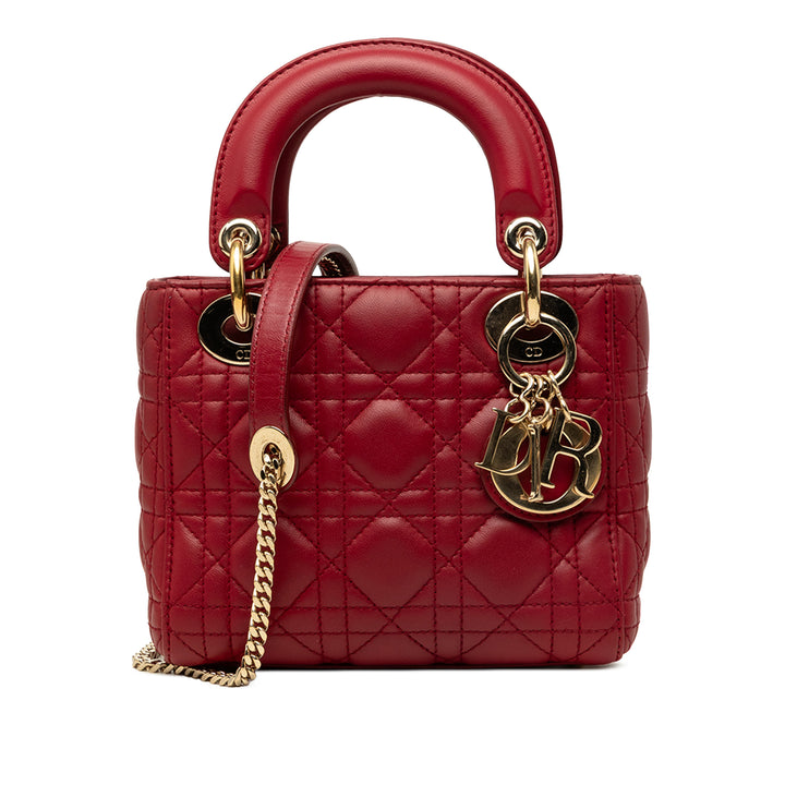 Dior Sac à main Lady Dior Cannage Mini Cuir d'agneau Rouge – vue principale – GABY PARIS