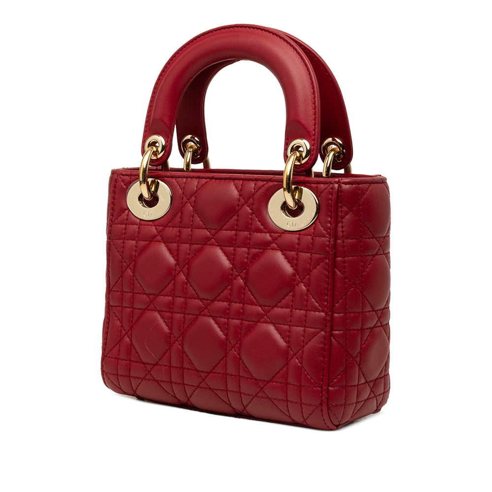Dior Sac à main Lady Dior Cannage Mini Cuir d'agneau Rouge – vue 2 – GABY PARIS