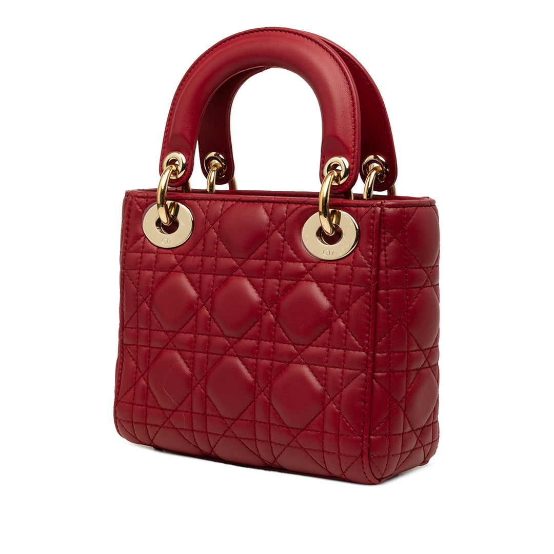 Dior Sac à main Lady Dior Cannage Mini Cuir d'agneau Rouge – vue 2 – GABY PARIS