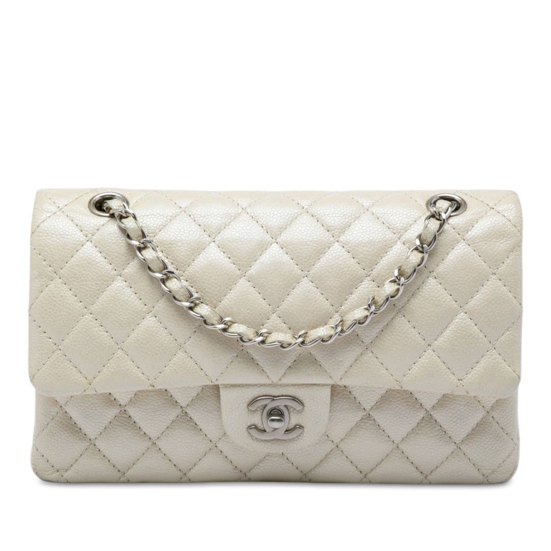 Classic Irisé Double rabat Moyen Cuir caviar Blanc