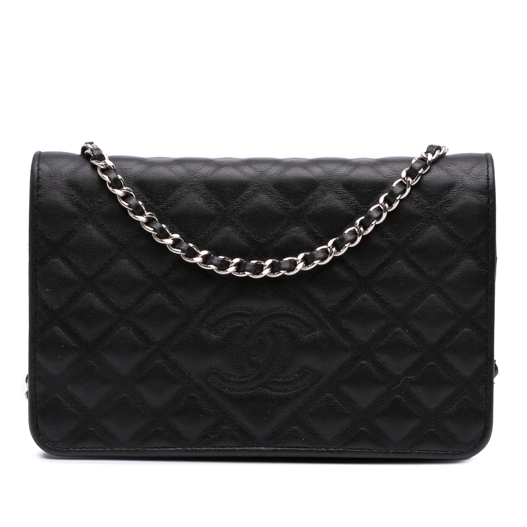 CC Embossed Calfskin Diamond Wallet On Chain Black - Gaby Paris