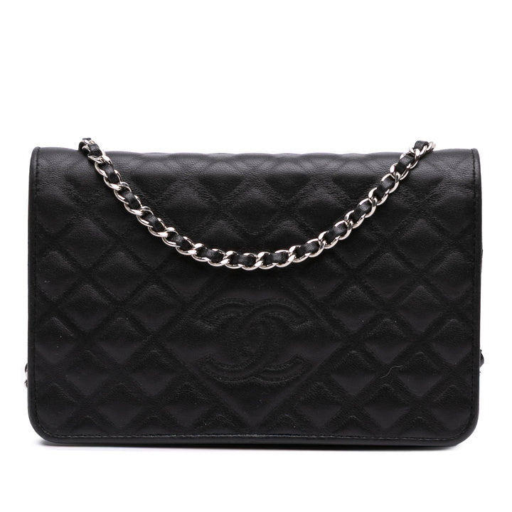 CC Embossed Calfskin Diamond Wallet On Chain Black - Gaby Paris