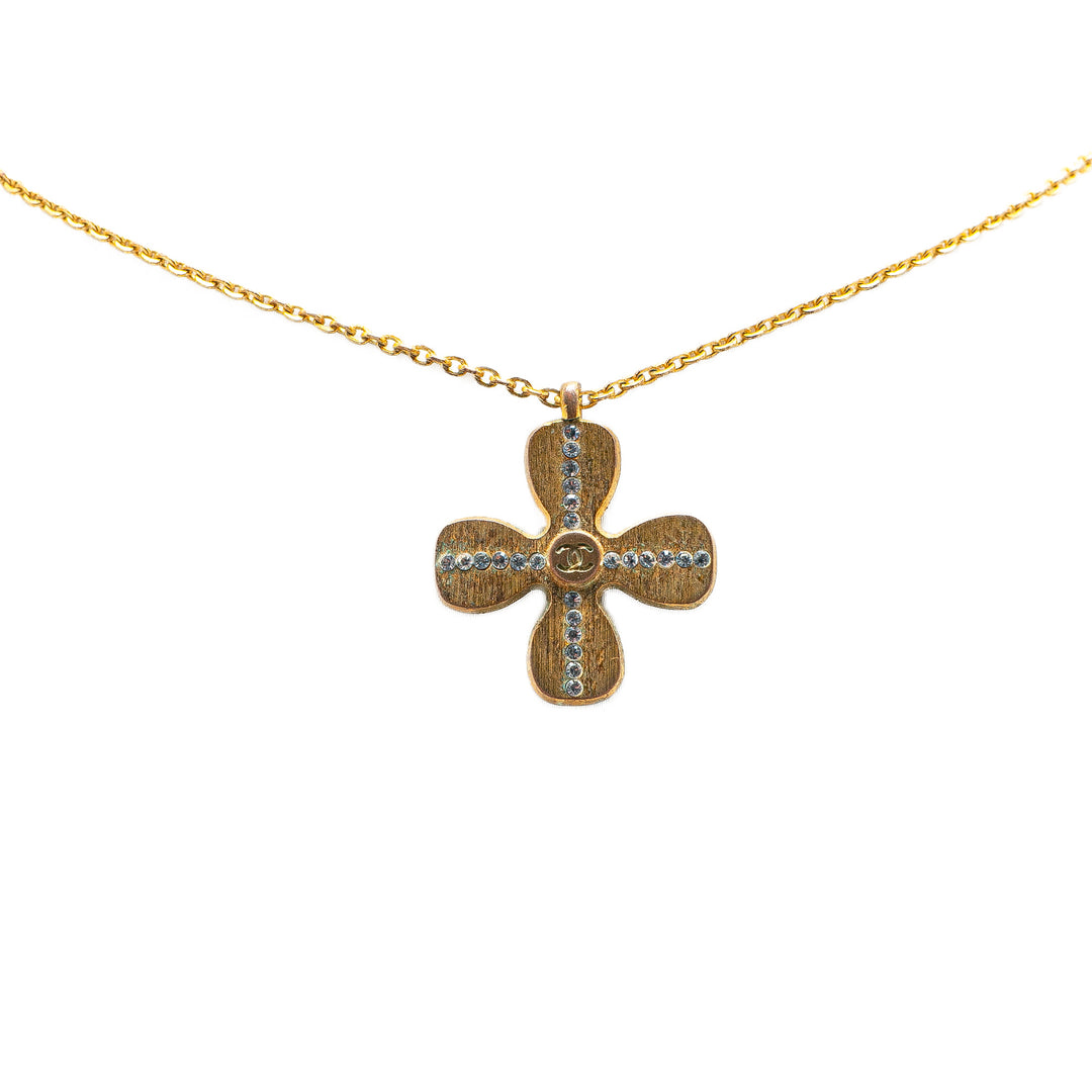Gold Plated Rhinestones Clover Pendant Necklace Gold - Gaby Paris
