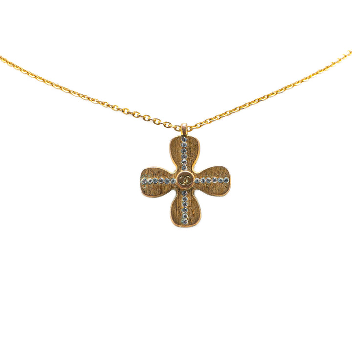 Gold Plated Rhinestones Clover Pendant Necklace Gold - Gaby Paris