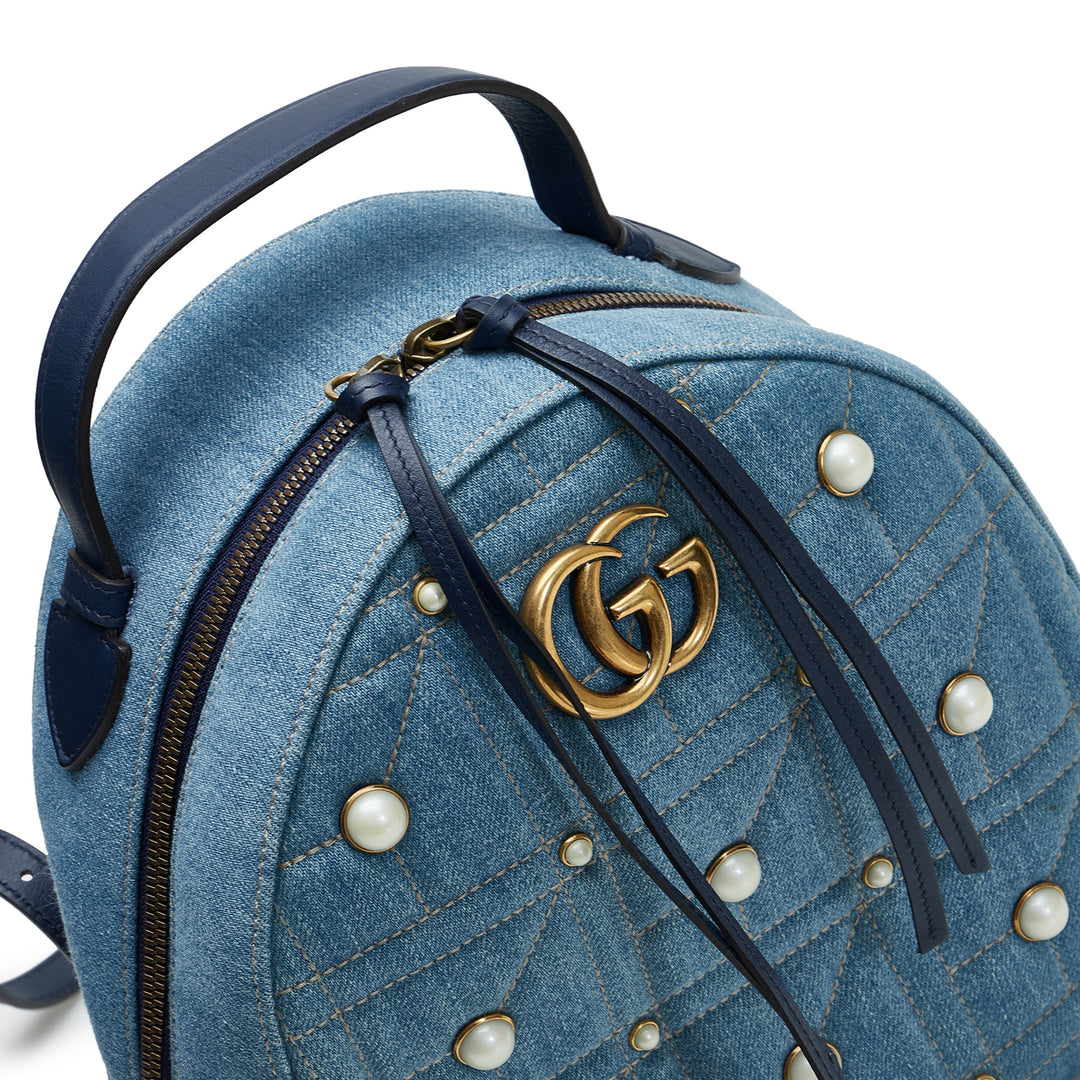 Small GG Marmont Pearl Denim Backpack Blue - Gaby Paris