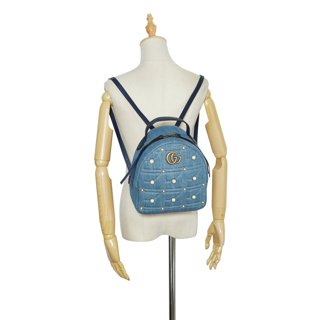 Small GG Marmont Pearl Denim Backpack Blue - Gaby Paris