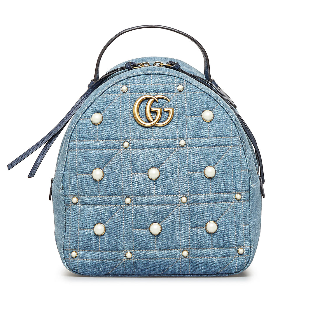 Small GG Marmont Pearl Denim Backpack Blue - Gaby Paris