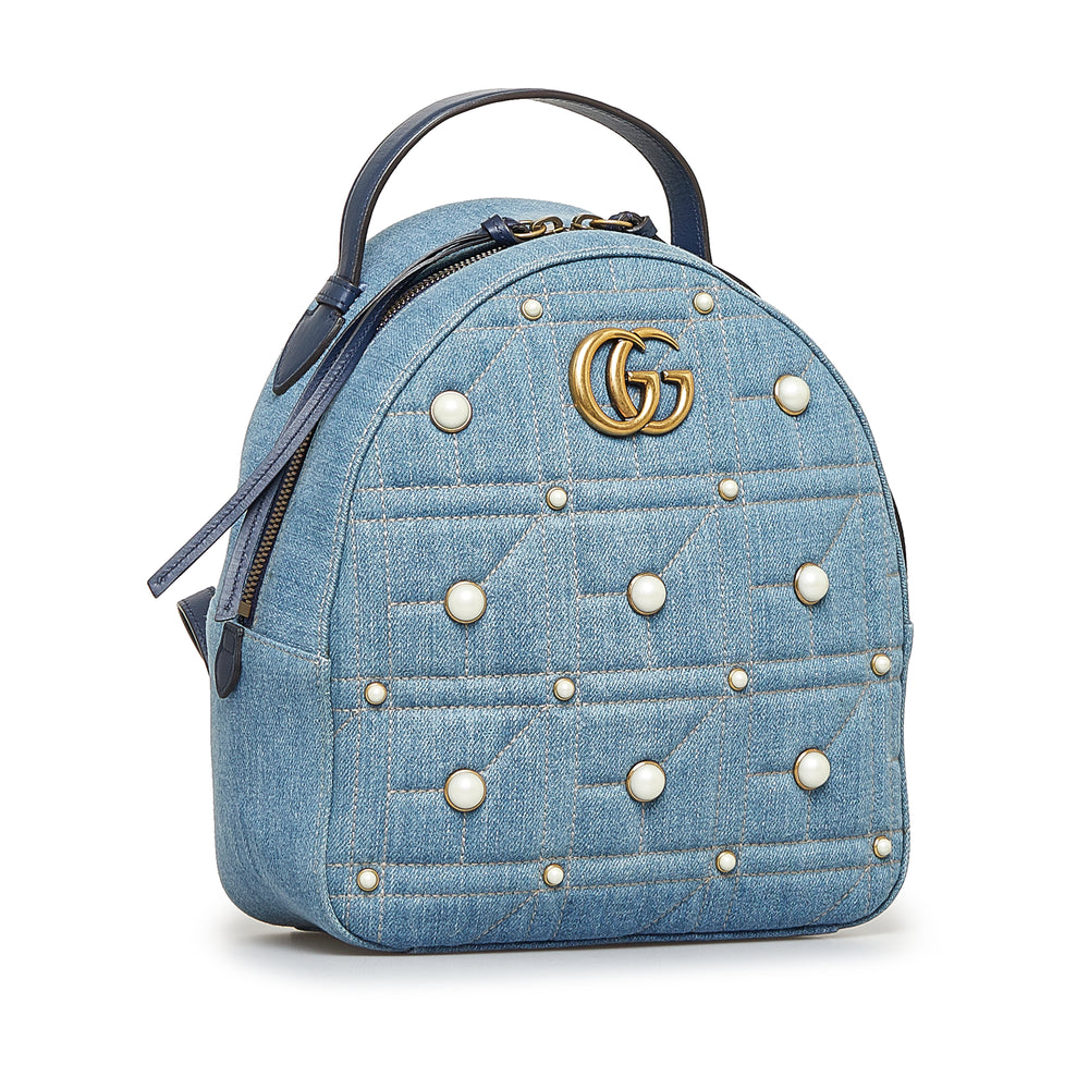 Small GG Marmont Pearl Denim Backpack Blue - Gaby Paris