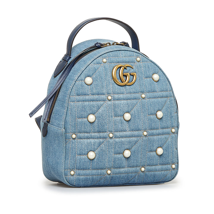 Small GG Marmont Pearl Denim Backpack Blue - Gaby Paris