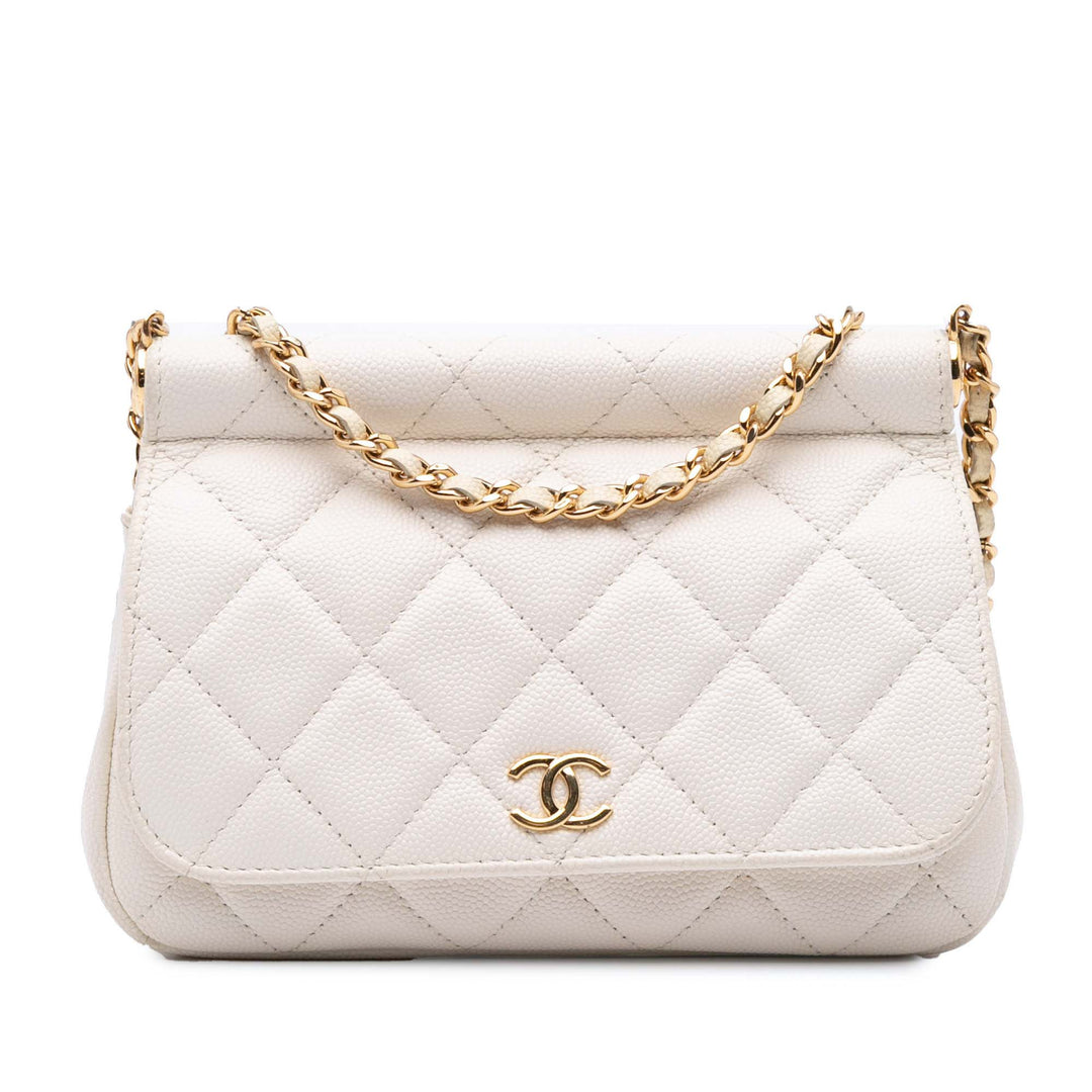 Quilted Caviar Frame Flap Clutch with Chain White - Gaby Paris