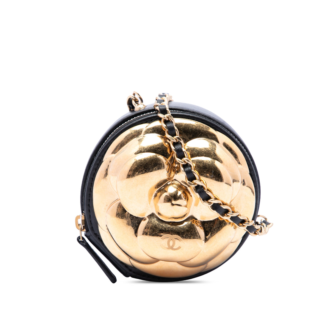 CC et Camellia Rond Pochette avec chaîne Cuir d'agneau Noir