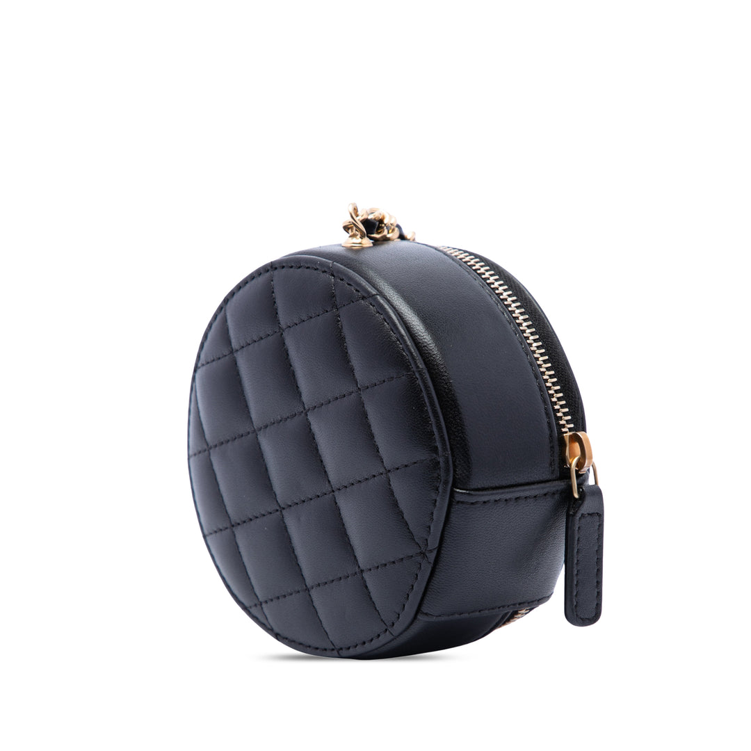 CC et Camellia Rond Pochette avec chaîne Cuir d'agneau Noir