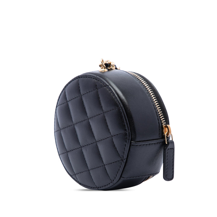 CC et Camellia Rond Pochette avec chaîne Cuir d'agneau Noir