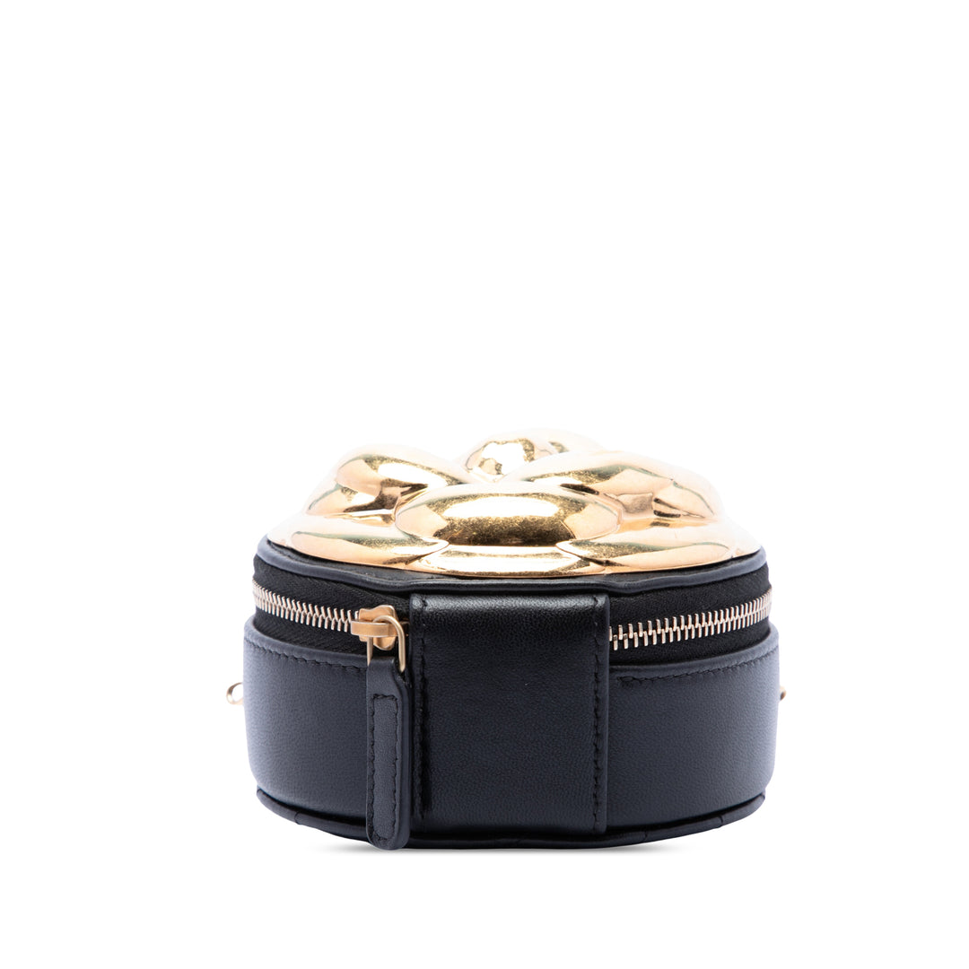 CC et Camellia Rond Pochette avec chaîne Cuir d'agneau Noir