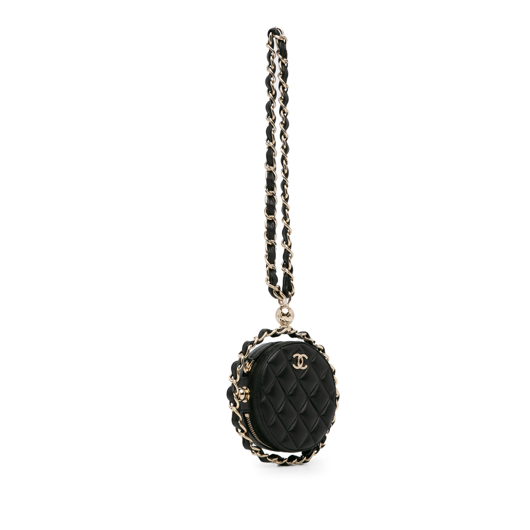 CC Quilted Lambskin Round Chain Around Clutch With Chain Black - Gaby Paris