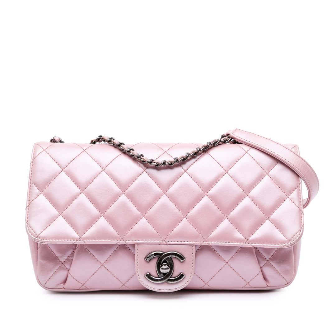Medium Quilted Metallic Calfskin Coco Pleats Chain Flap Pink - Gaby Paris