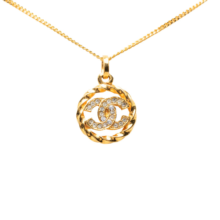 Chanel CC plaqué Strass Rond Pendant Collier Métal