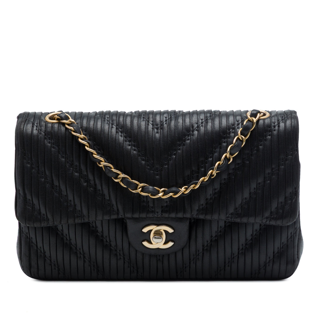 Classic Chevron Pleated Double rabat Moyen Cuir de veau Noir