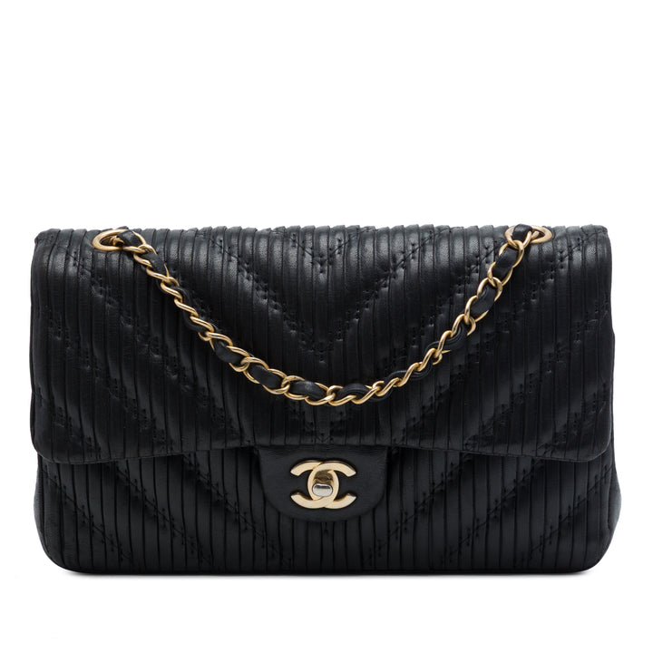 Classic Chevron Pleated Double rabat Moyen Cuir de veau Noir