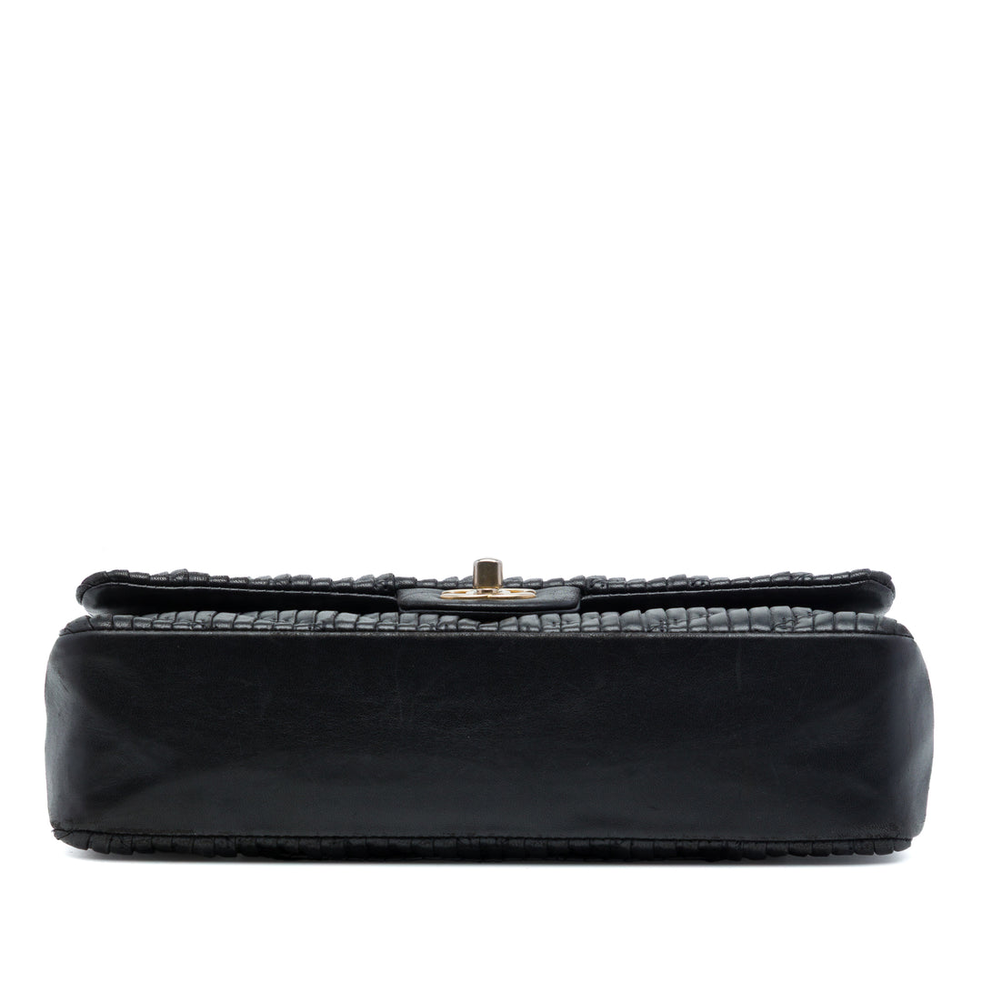 Classic Chevron Pleated Double rabat Moyen Cuir de veau Noir