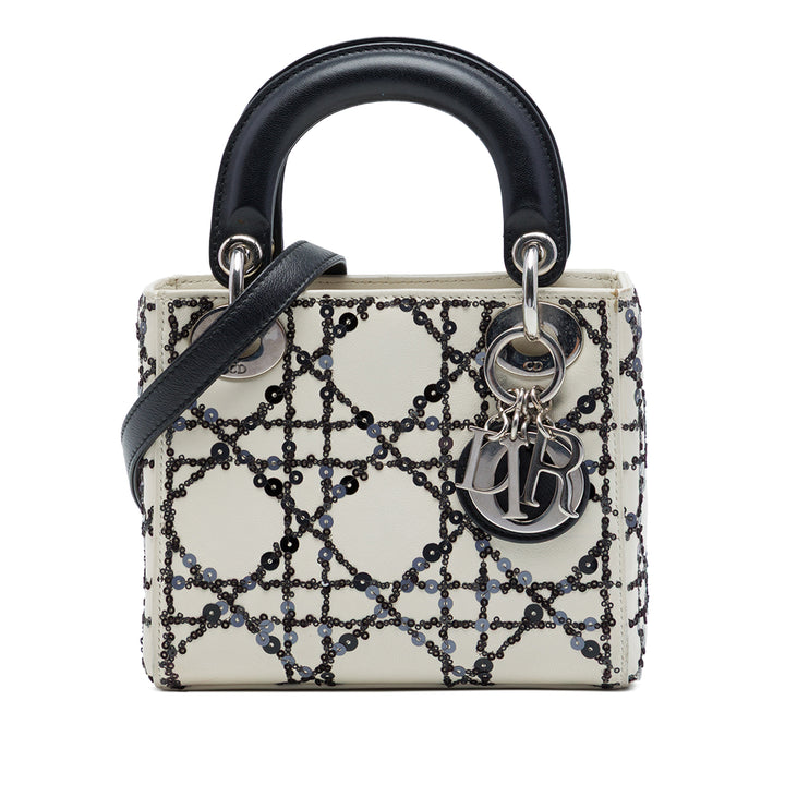 Lady Dior Cannage Sequins Mini Cuir de veau Blanc