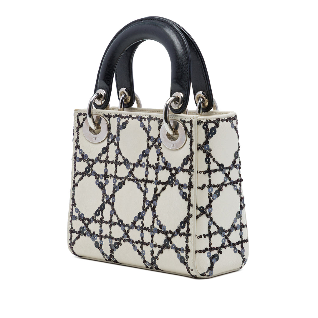Lady Dior Cannage Sequins Mini Cuir de veau Blanc