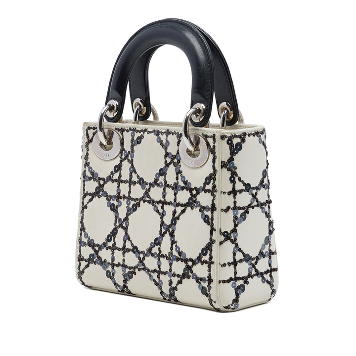Lady Dior Cannage Sequins Mini Cuir de veau Blanc