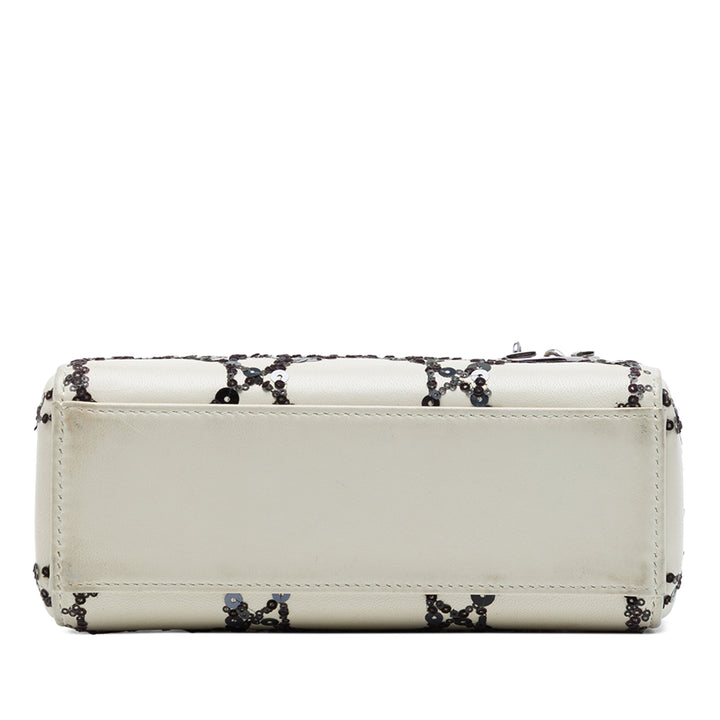 Lady Dior Cannage Sequins Mini Cuir de veau Blanc