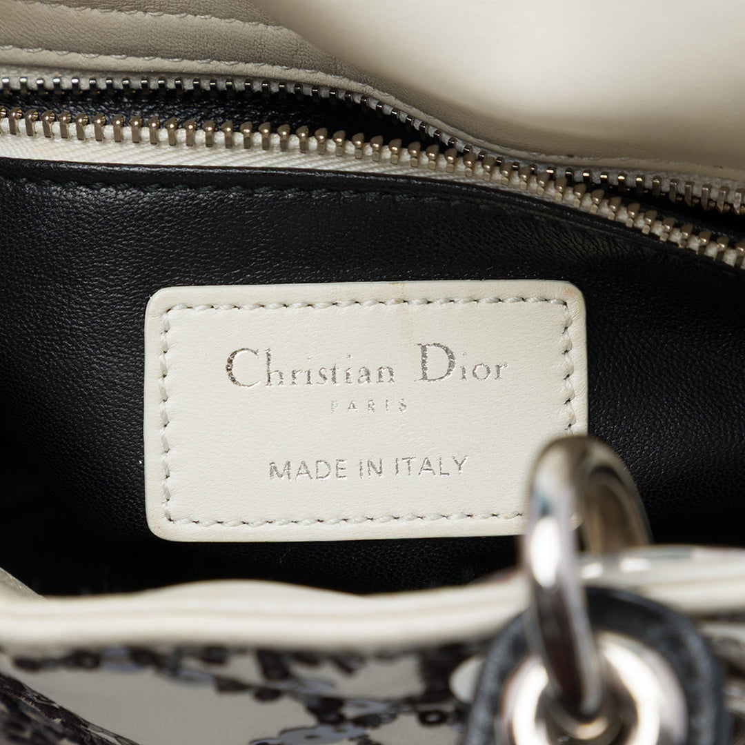 Lady Dior Cannage Sequins Mini Cuir de veau Blanc