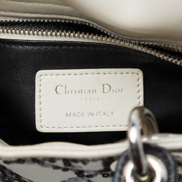 Lady Dior Cannage Sequins Mini Cuir de veau Blanc
