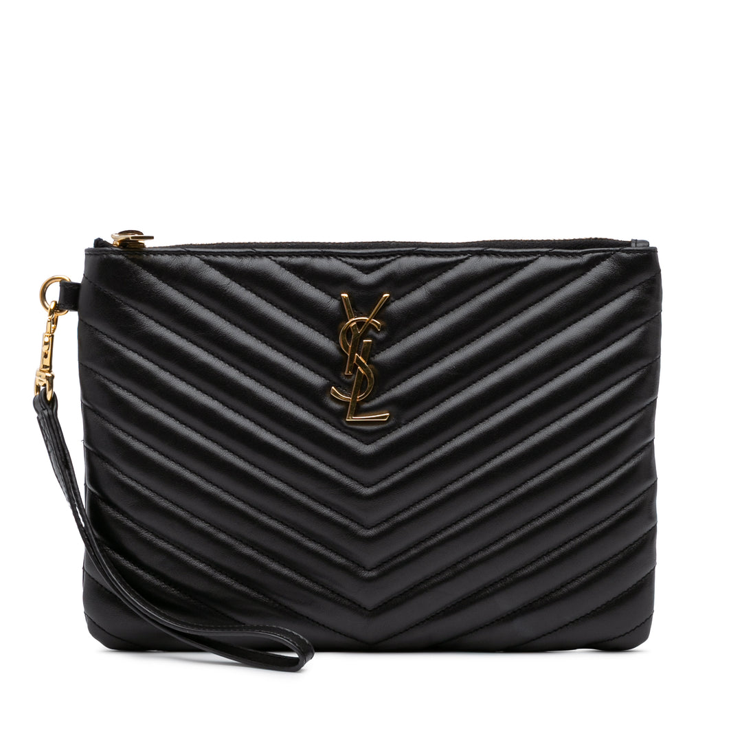 Matelasse Chevron Leather Monogram Zip A5 Wristlet Pouch Black - Gaby Paris