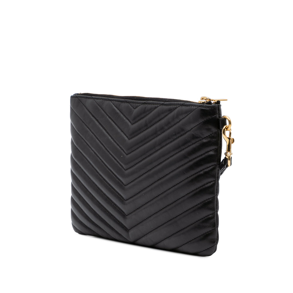 Matelasse Chevron Leather Monogram Zip A5 Wristlet Pouch Black - Gaby Paris