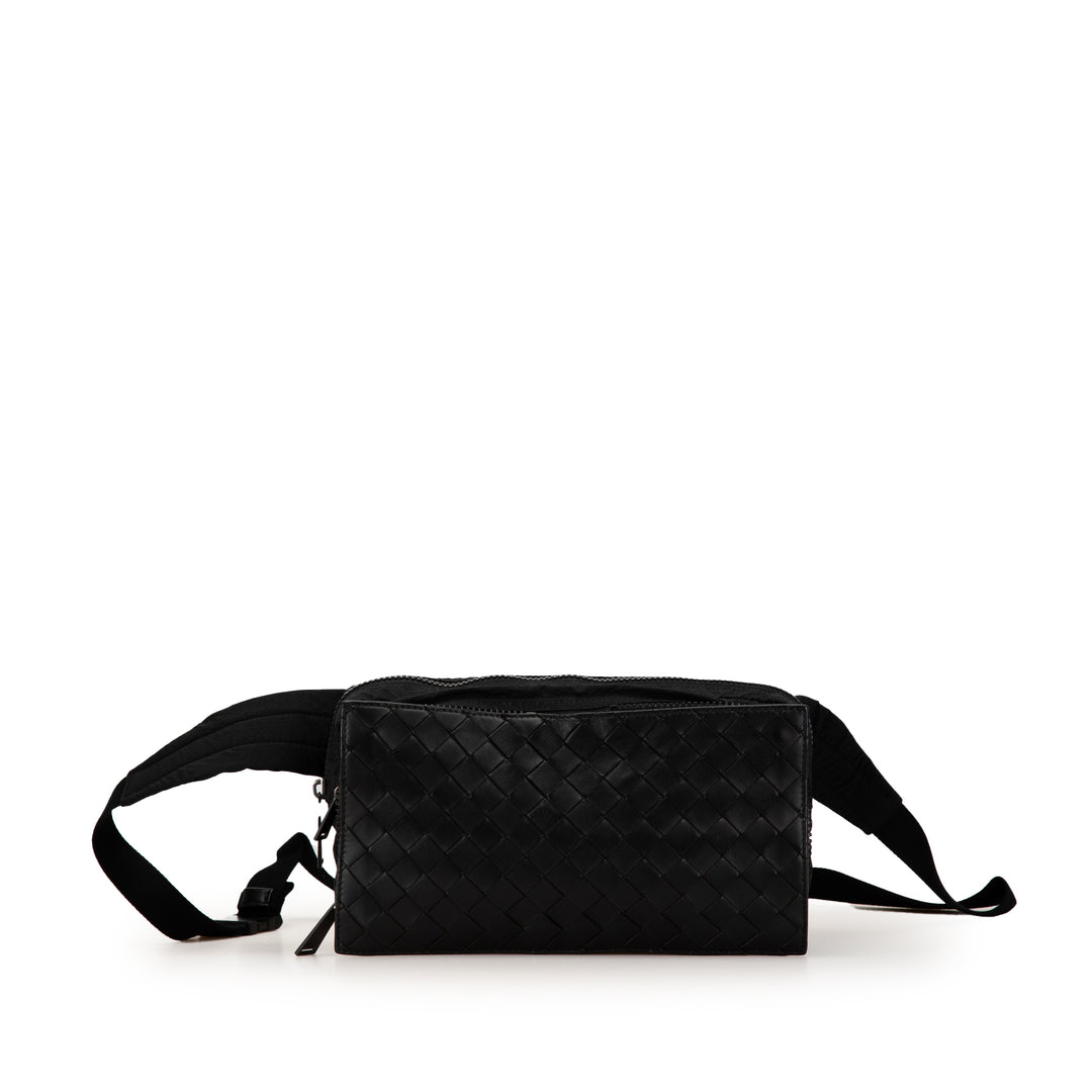 Nylon and Calfskin Intrecciato Belt Bag Black - Gaby Paris