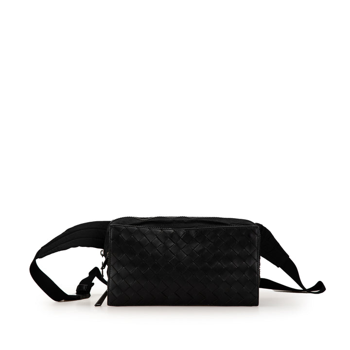Nylon and Calfskin Intrecciato Belt Bag Black - Gaby Paris