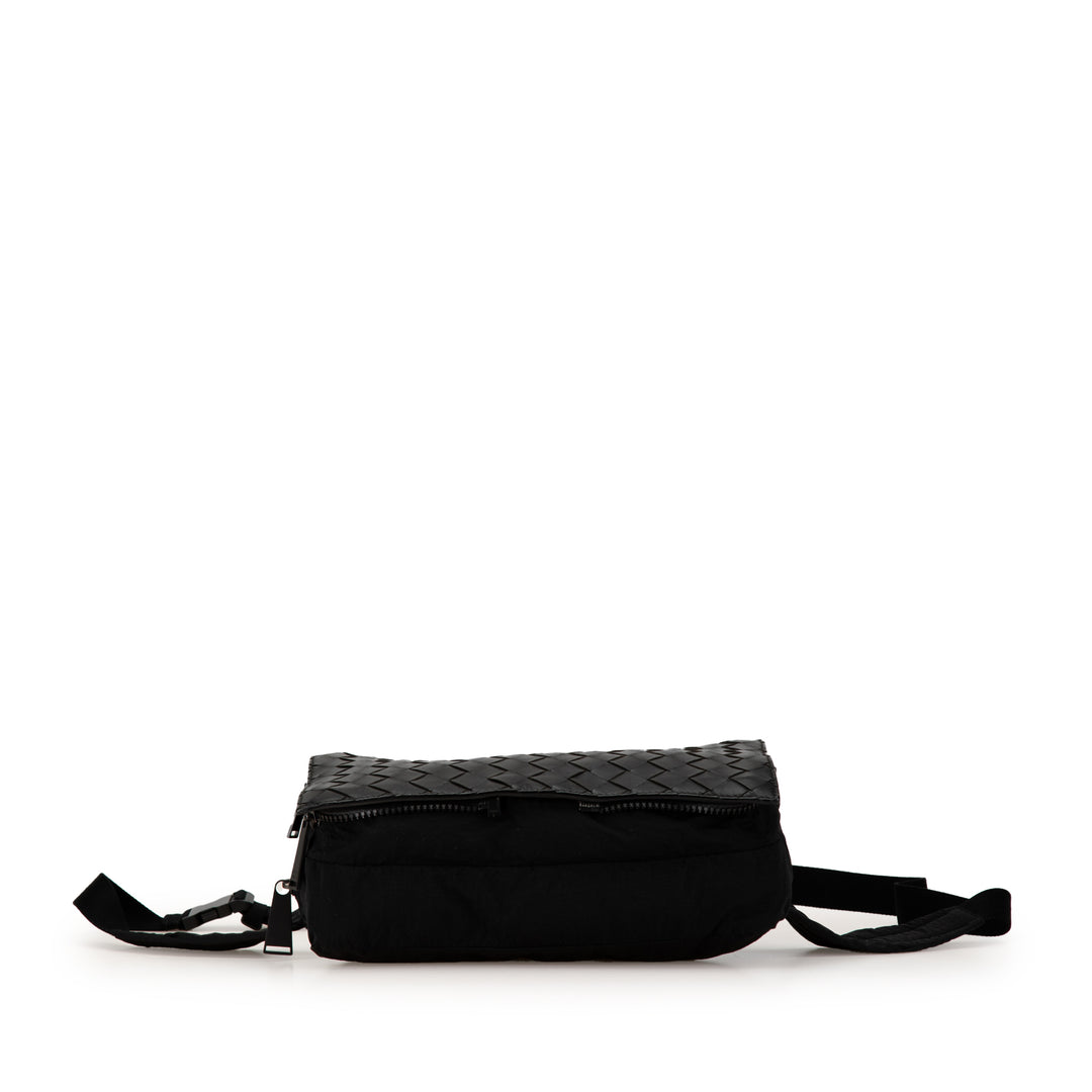 Nylon and Calfskin Intrecciato Belt Bag Black - Gaby Paris