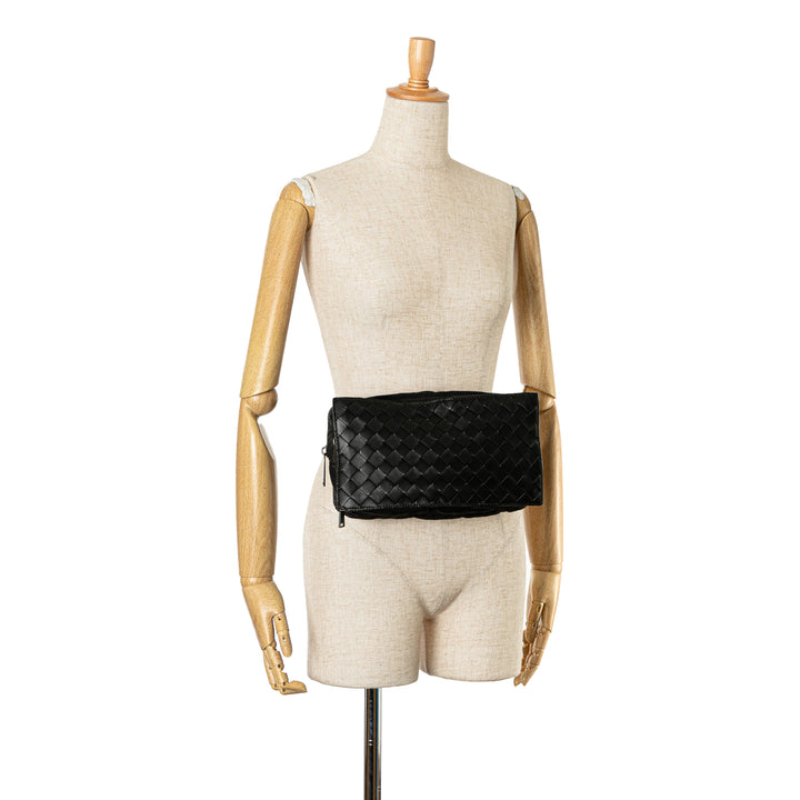 Nylon and Calfskin Intrecciato Belt Bag Black - Gaby Paris