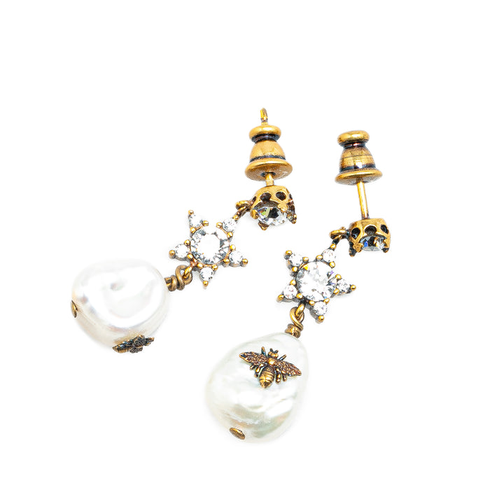 Gold Plated Crystal Star Bee Faux Pearl Drop Earrings Gold - Gaby Paris