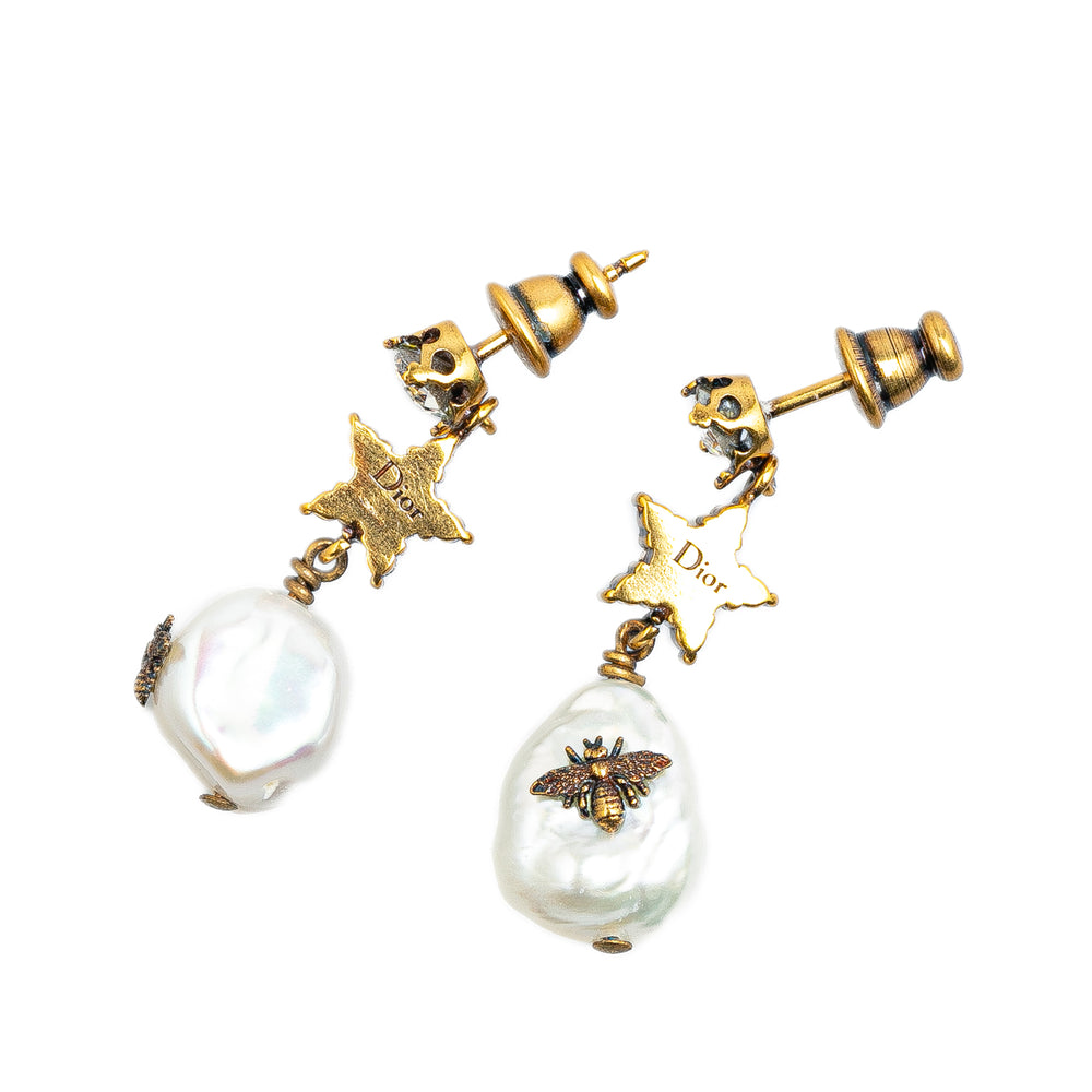 Gold Plated Crystal Star Bee Faux Pearl Drop Earrings Gold - Gaby Paris