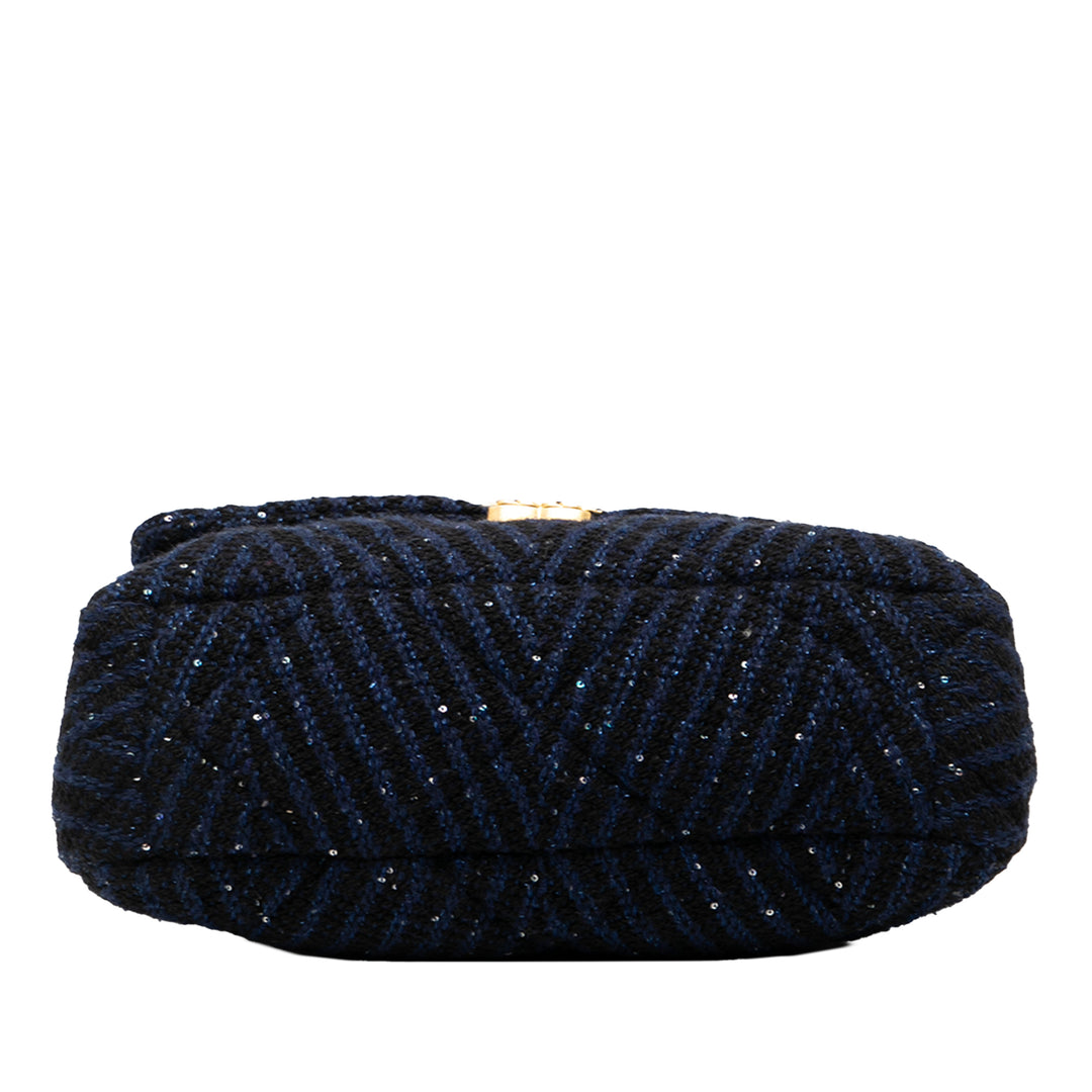 Chanel Large Chevron Tweed Sequins 19 Flap Bleu