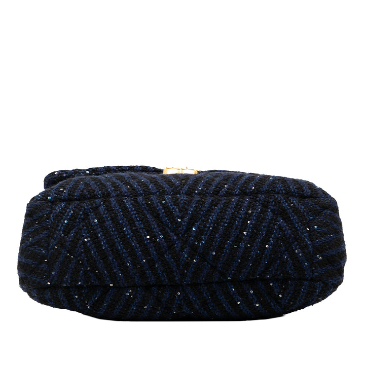 Chanel Large Chevron Tweed Sequins 19 Flap Bleu