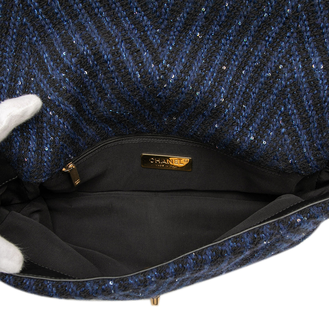Chanel Large Chevron Tweed Sequins 19 Flap Bleu