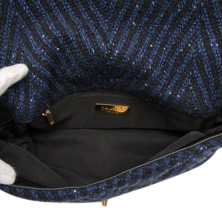 Chanel Large Chevron Tweed Sequins 19 Flap Bleu